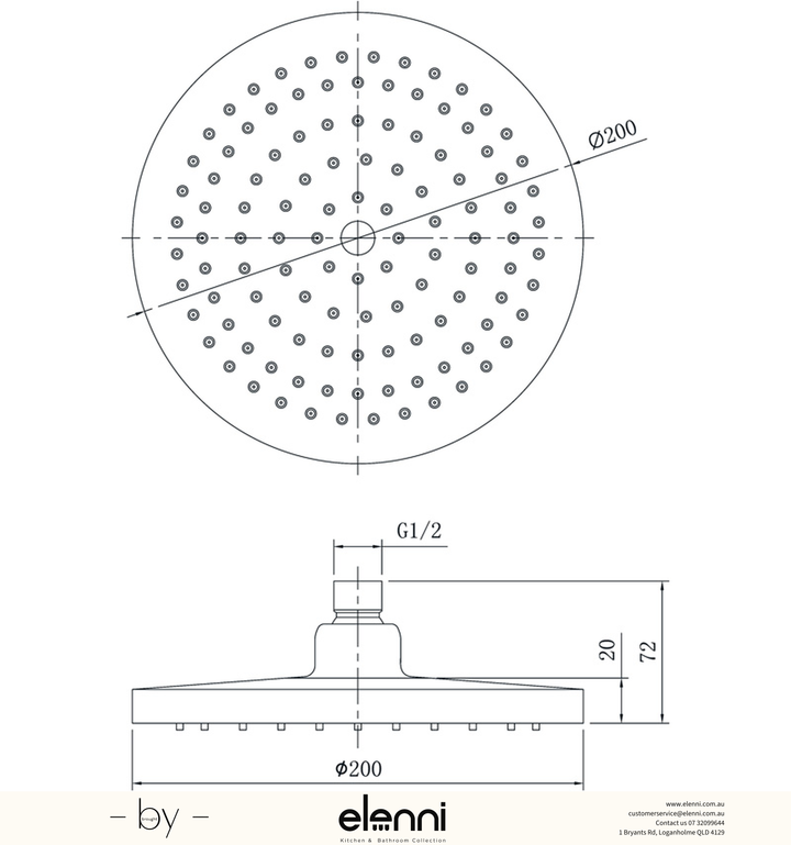 Otus Shower Head Round 200mm - Elenni specification drawing