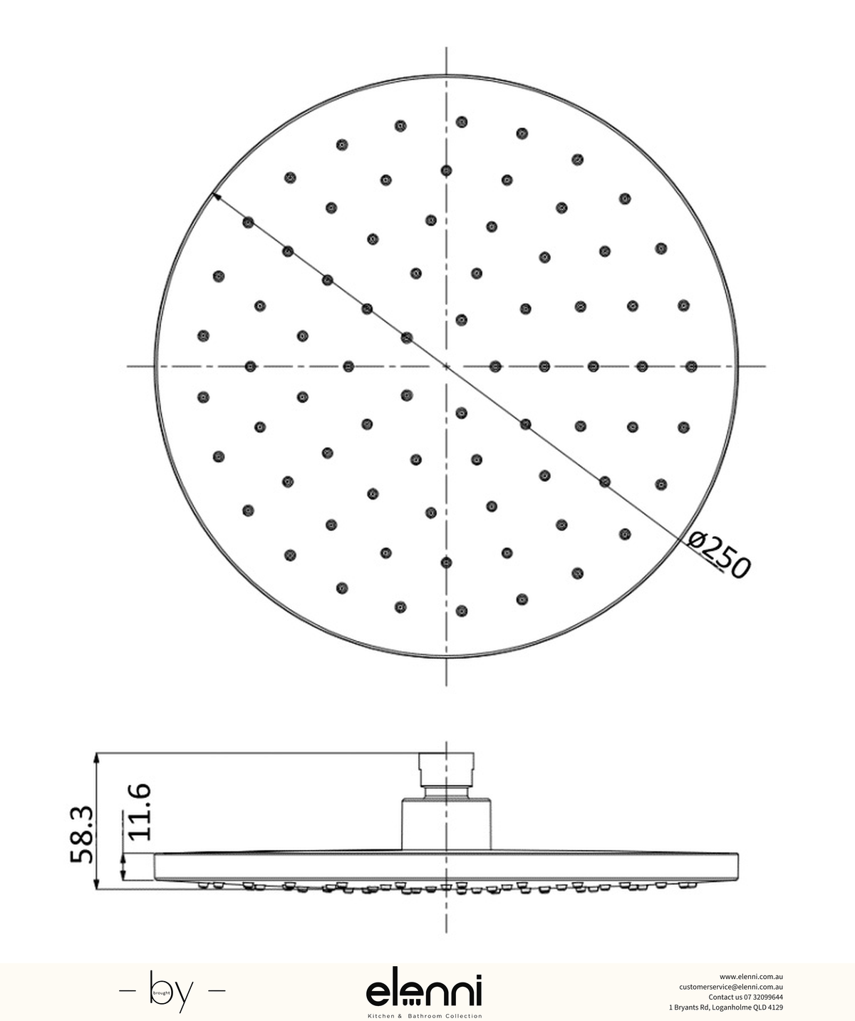 Otus Shower Head Round 250mm - Elenni specification drawing