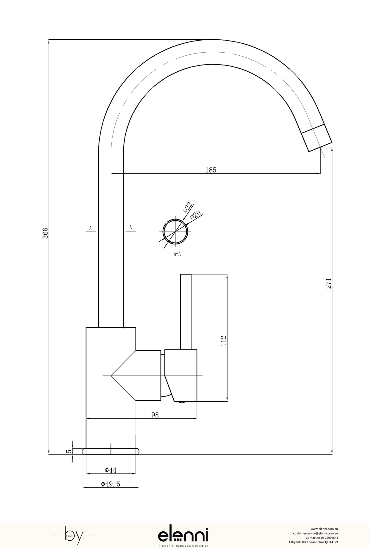 Otus Sink Mixer Gooseneck - Elenni specification drawing