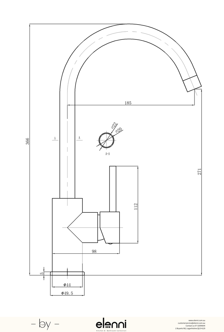 Otus Sink Mixer Gooseneck - Elenni specification drawing