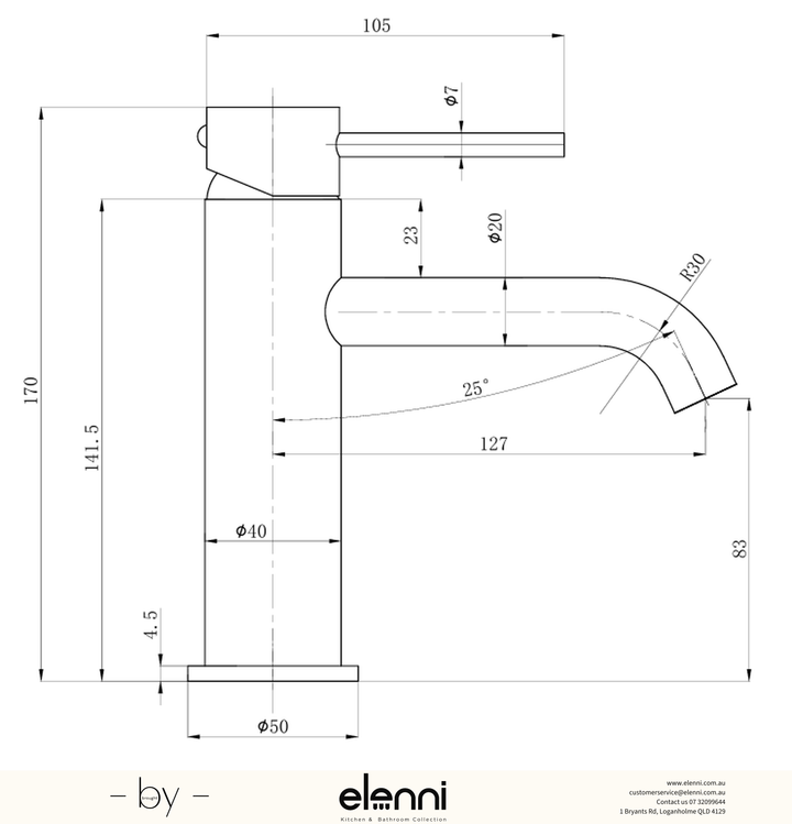 Otus Slimline Basin Mixer Curved Spout - Elenni specification drawing