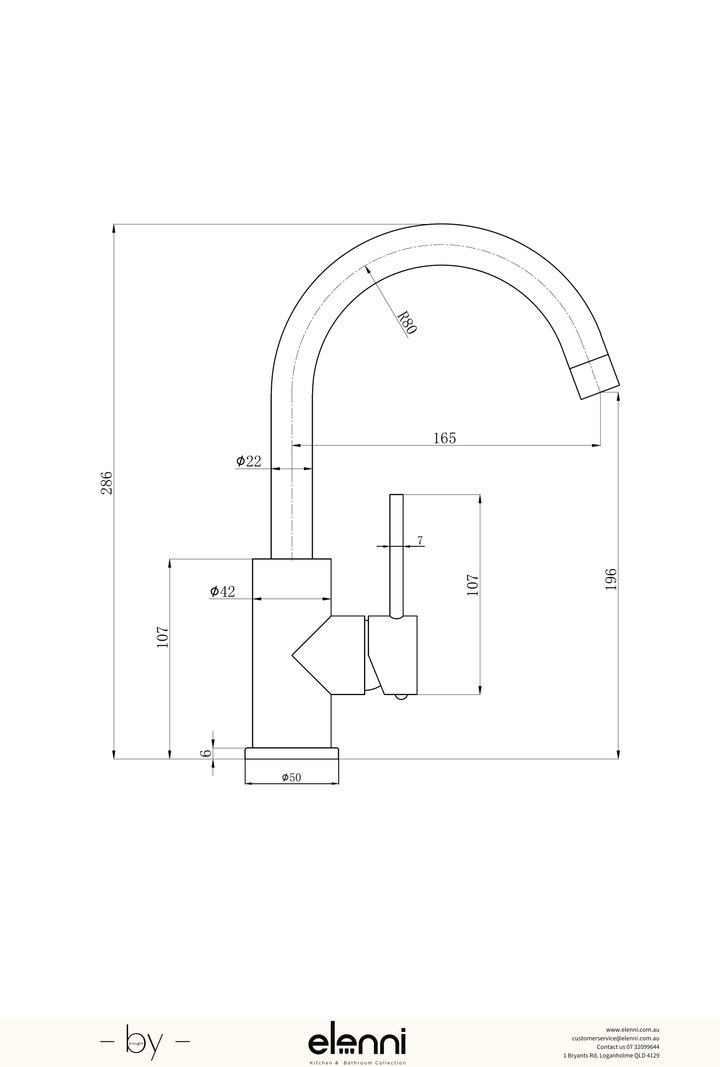 Otus Slimline Basin Mixer Gooseneck - Elenni specification drawing