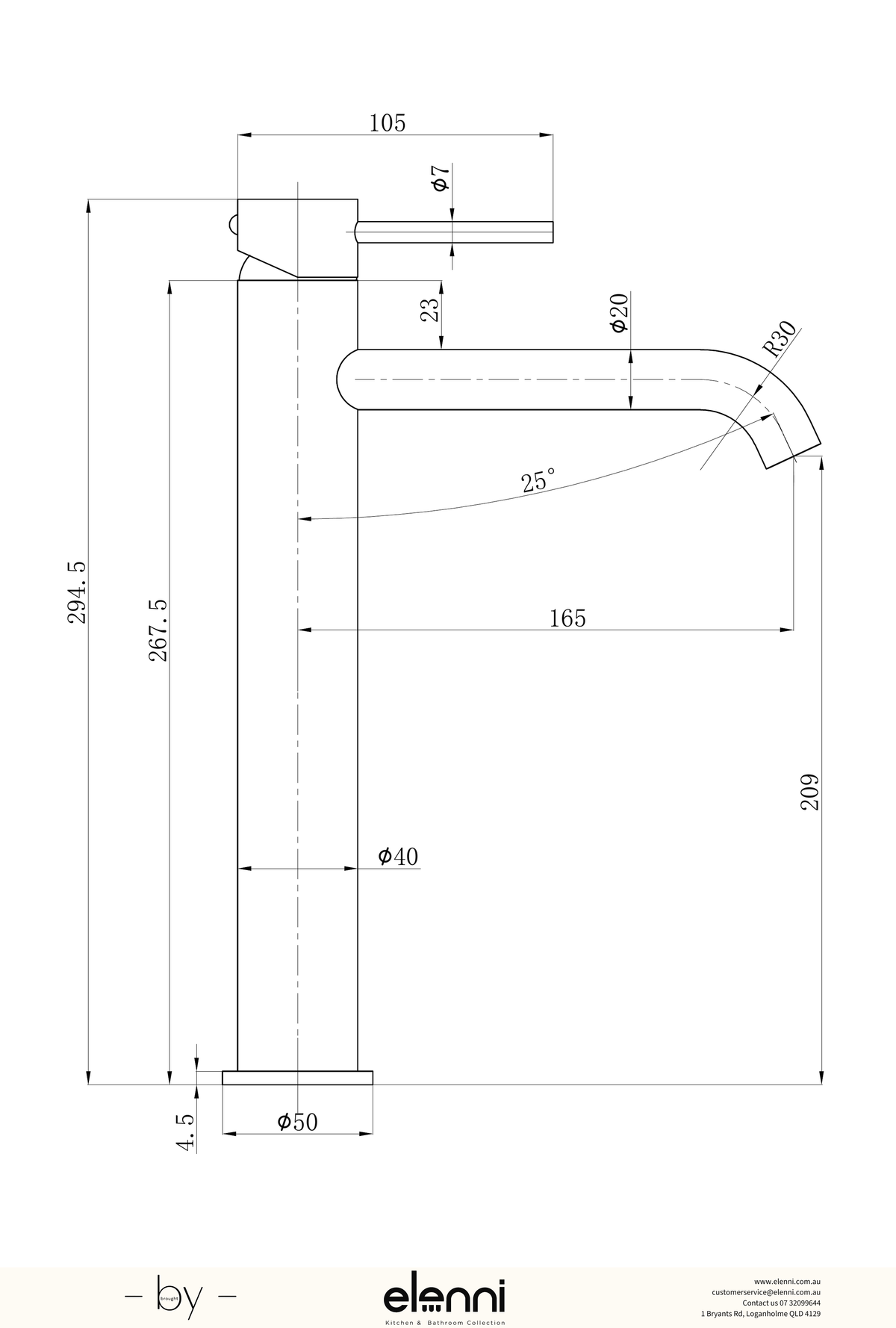 Otus Slimline Basin Mixer High Rise Curved Spout - Elenni specification drawing