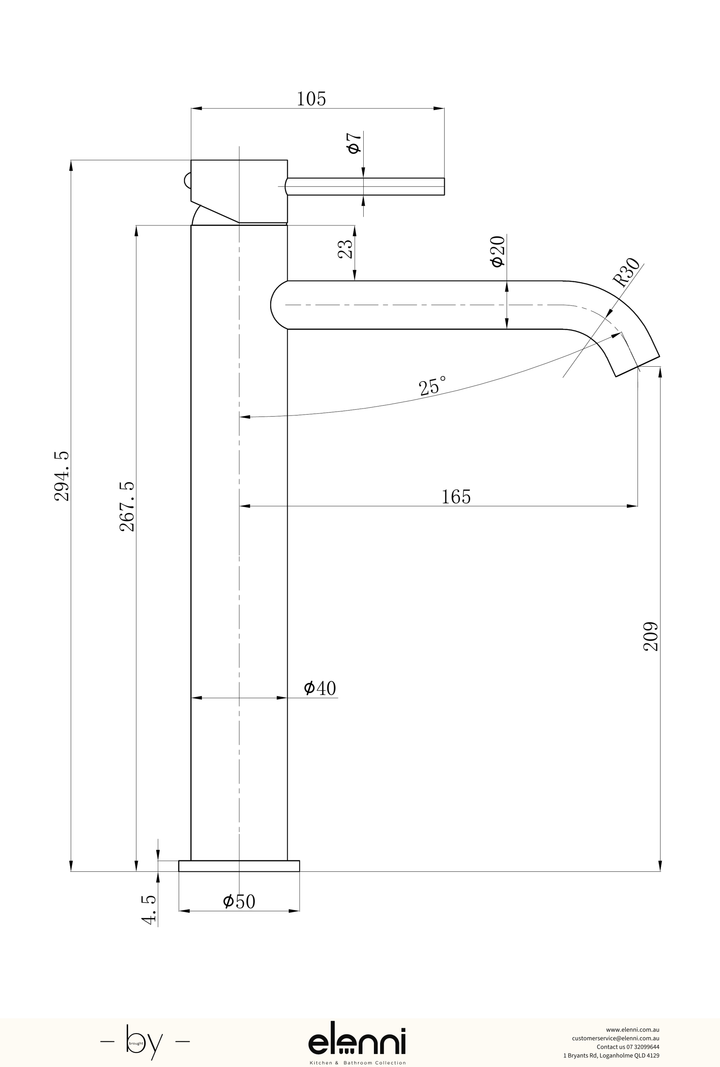 Otus Slimline Basin Mixer High Rise Curved Spout - Elenni specification drawing
