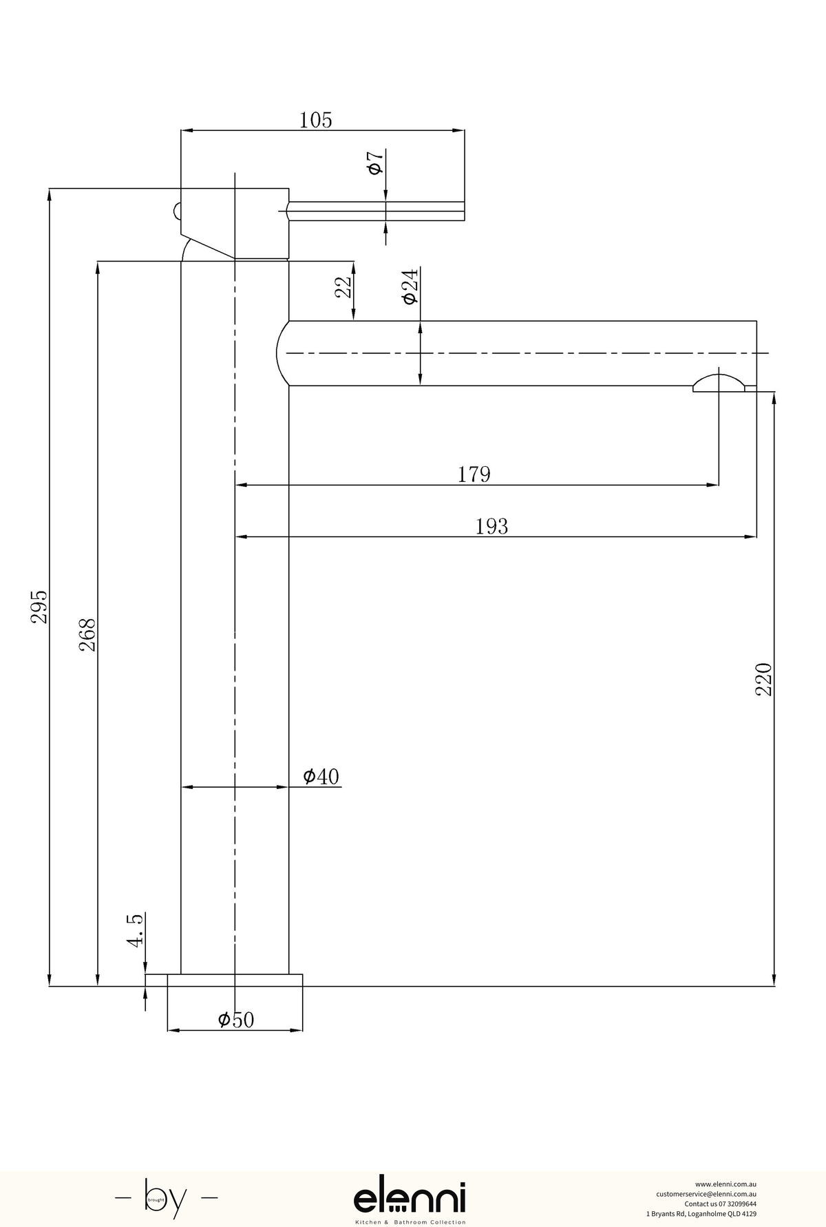 Otus Slimline Basin Mixer High Rise Straight Spout - Elenni specification drawing