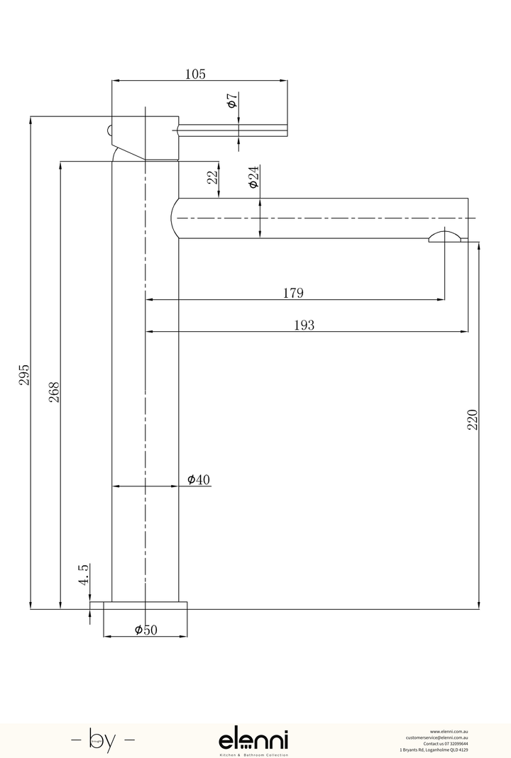 Otus Slimline Basin Mixer High Rise Straight Spout - Elenni specification drawing