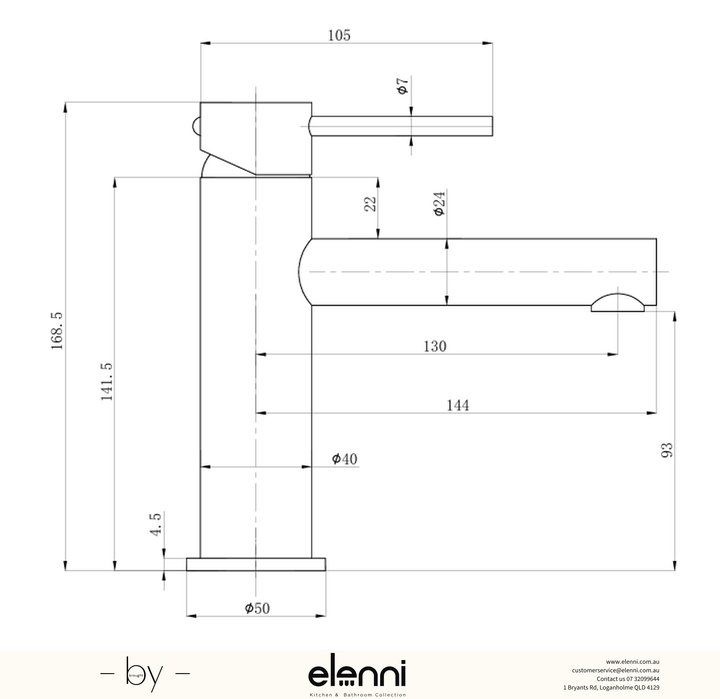 Otus Slimline Basin Mixer Straight Spout - Elenni specification drawing