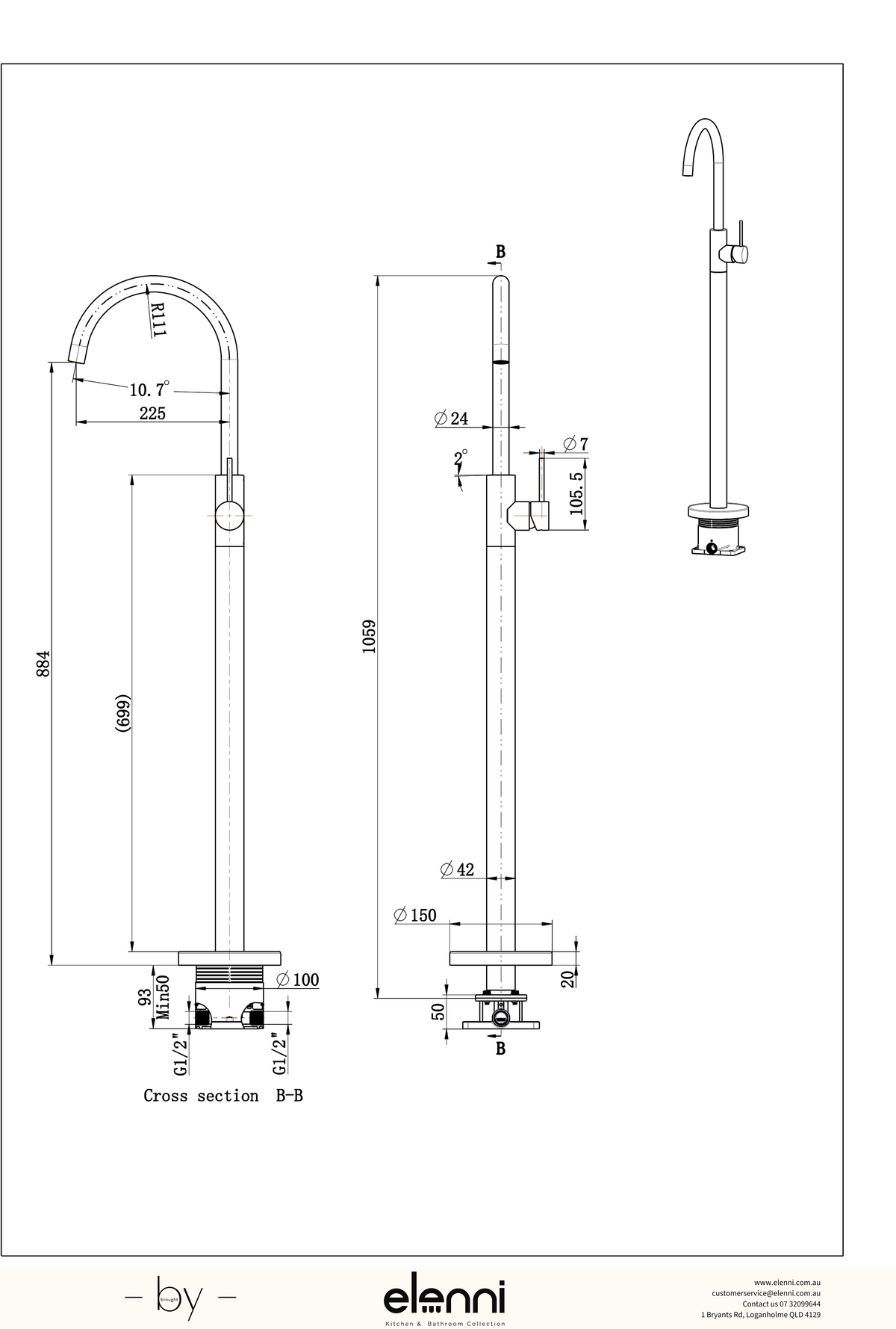 Otus Slimline Bath Mixer Freestanding - Elenni specification drawing