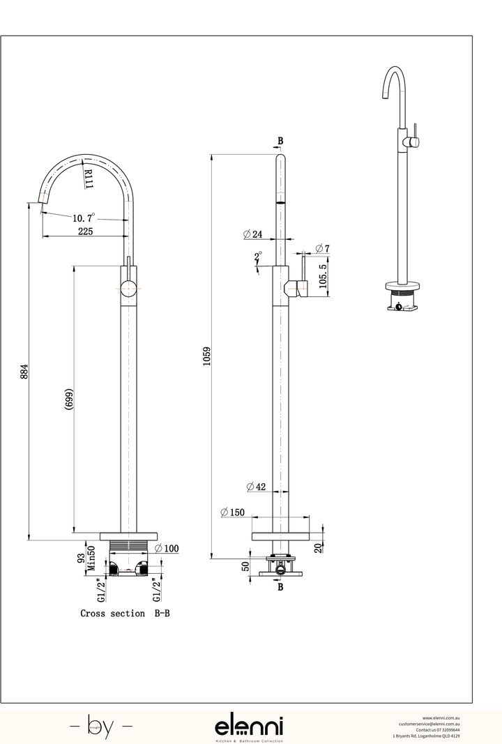 Otus Slimline Bath Mixer Freestanding - Elenni specification drawing