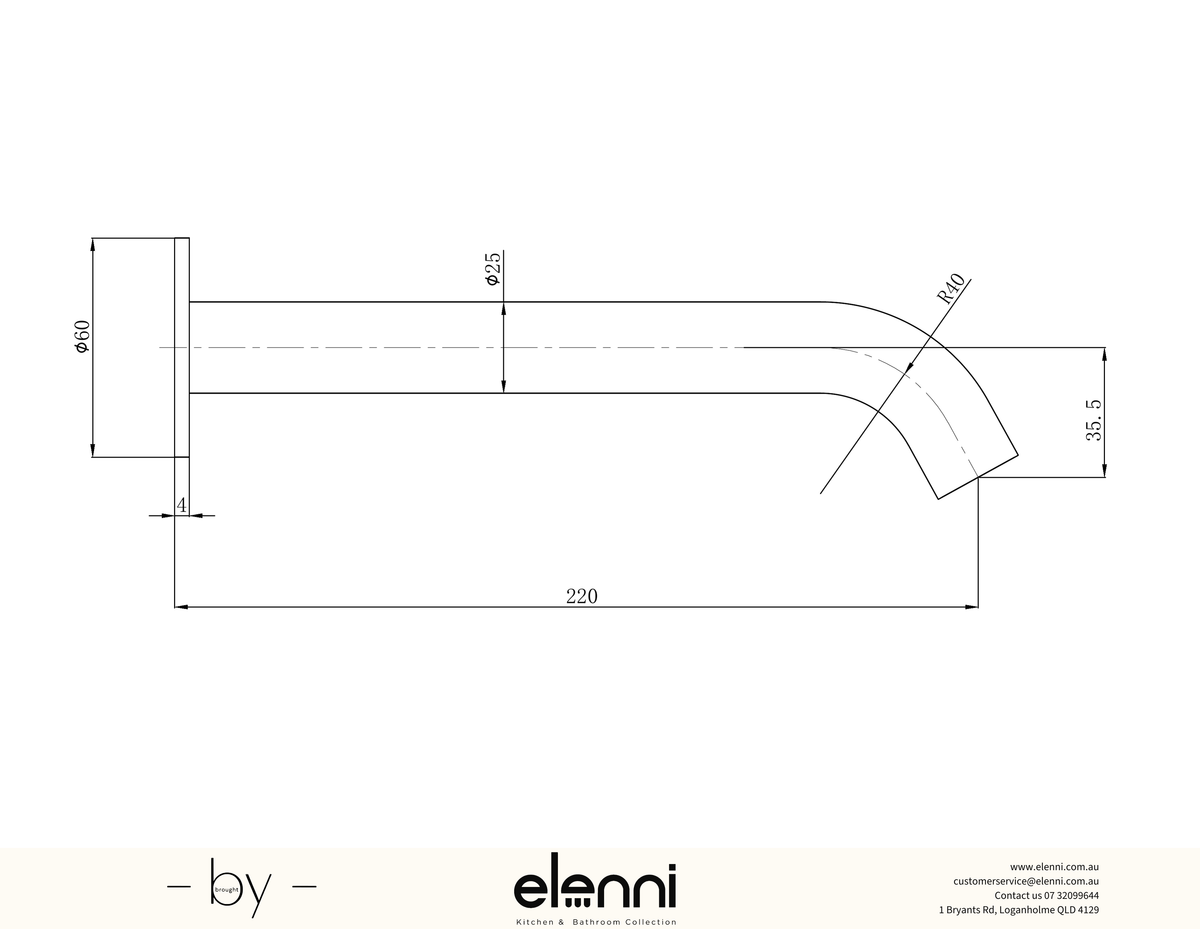 Otus Slimline Bath Spout 220mm - Elenni specification drawing