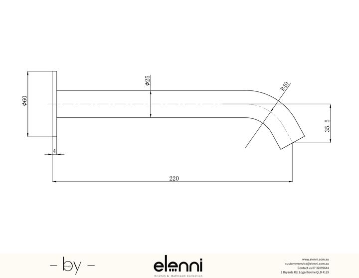Otus Slimline Bath Spout 220mm - Elenni specification drawing