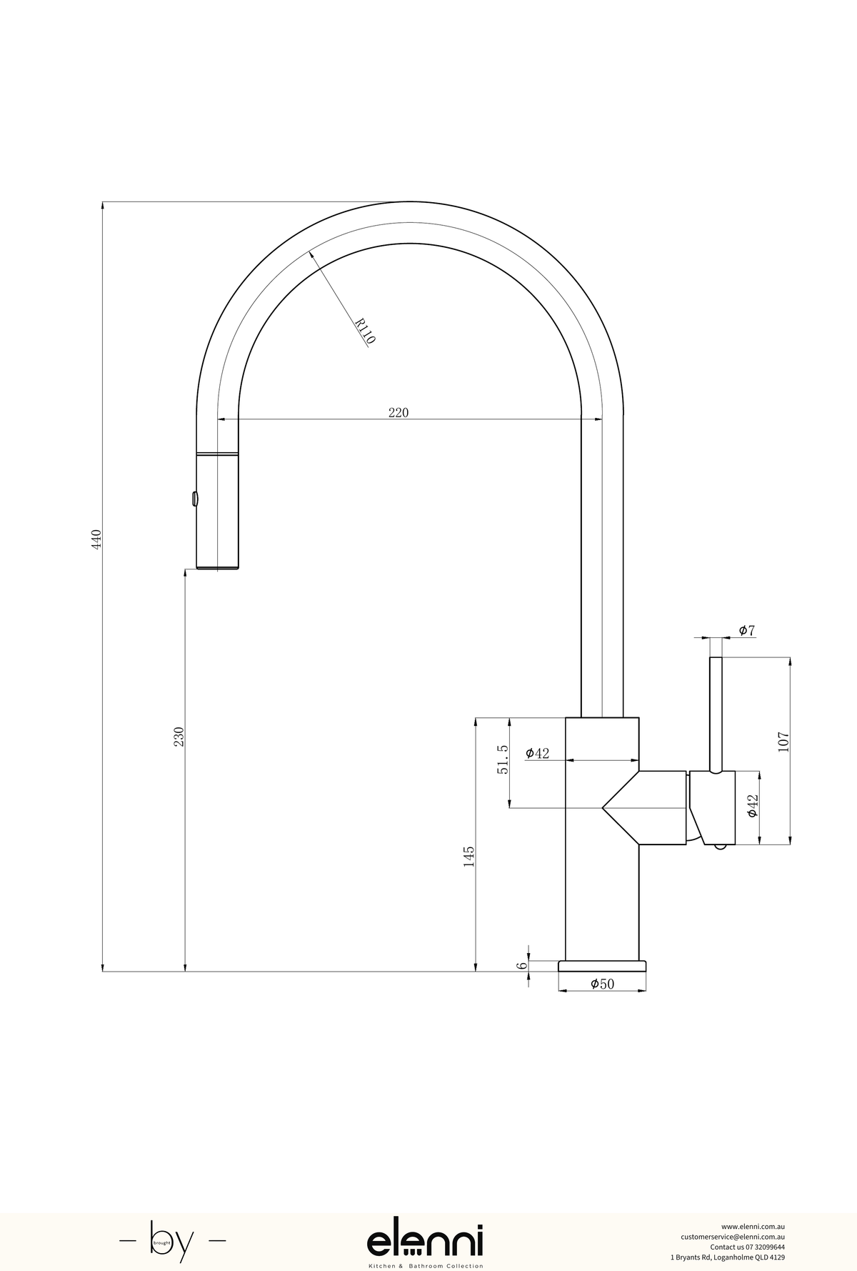 Otus Slimline Gooseneck Pull-Out Sink Mixer - Elenni specification drawing