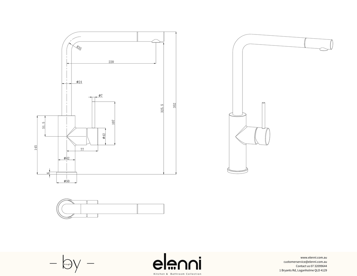 Otus Slimline Pull-Out Sink Mixer - Elenni specification drawing