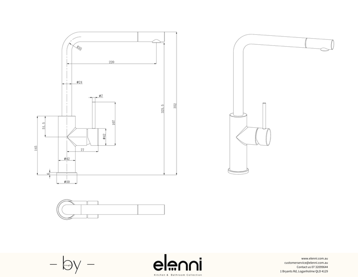 Otus Slimline Pull-Out Sink Mixer - Elenni specification drawing