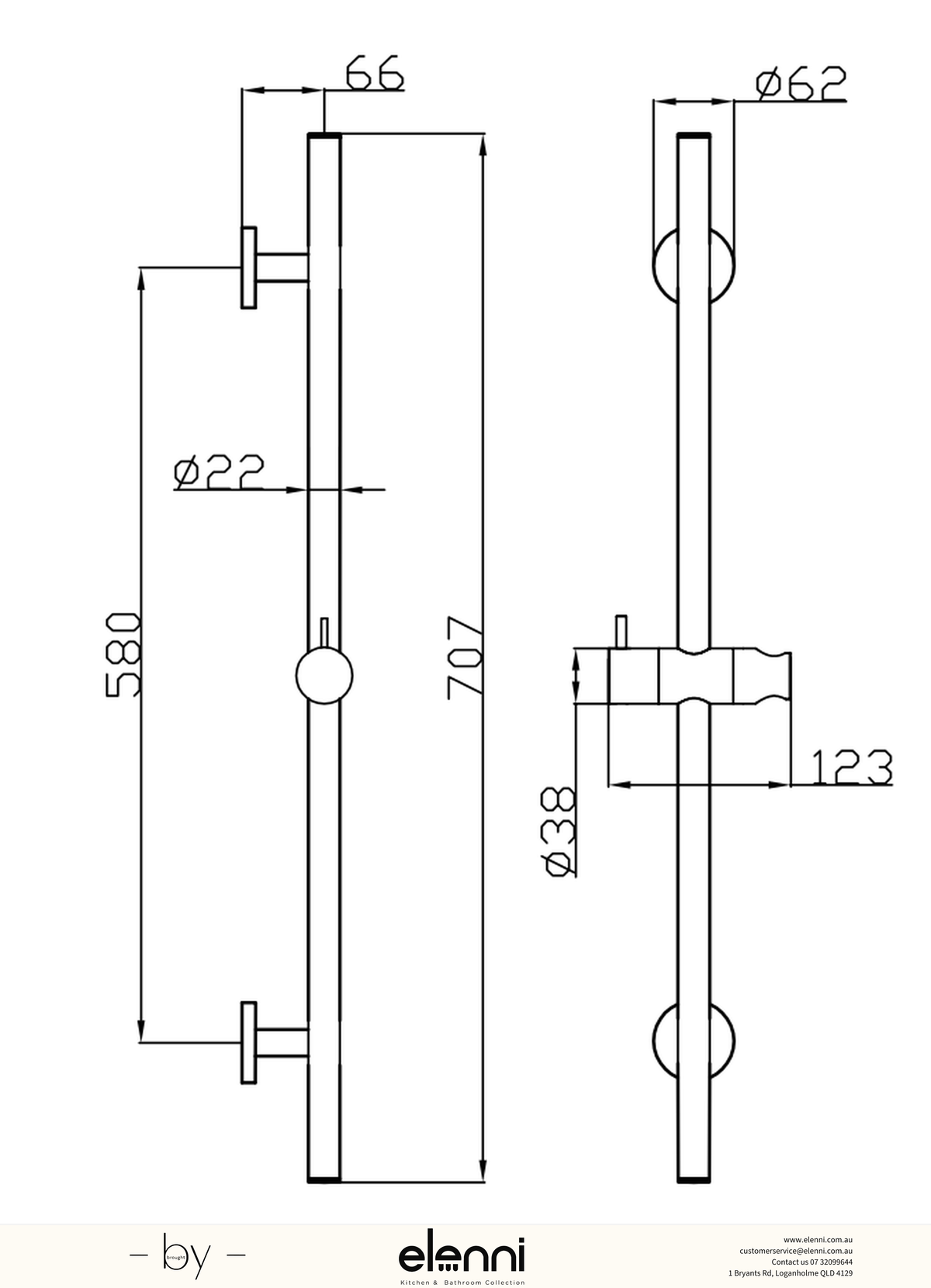 Otus Slimline Rail Shower - Elenni specification drawing