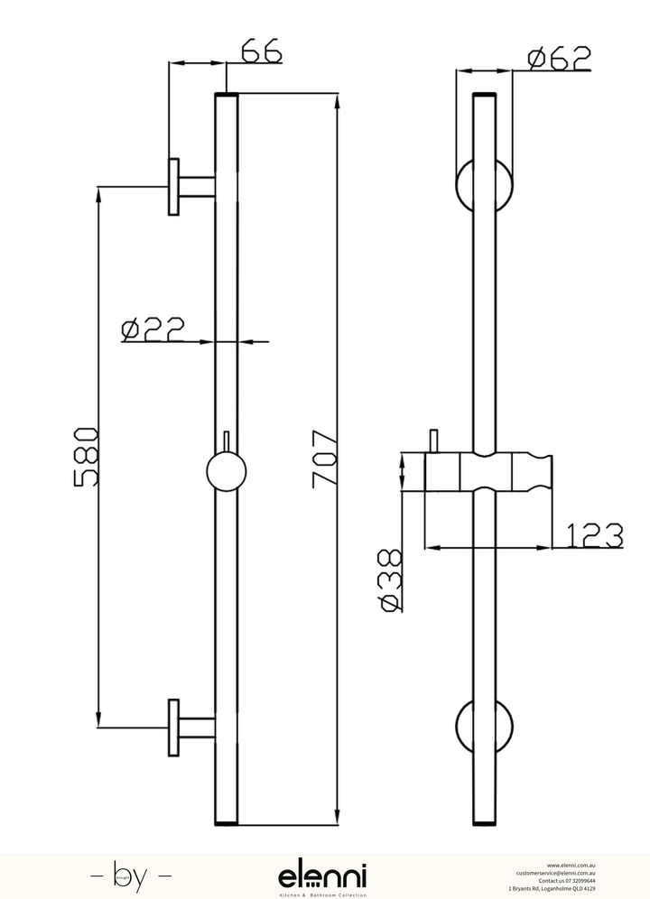 Otus Slimline Rail Shower - Elenni specification drawing