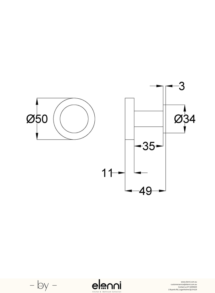 Otus Slimline Robe Hook - Elenni specification drawing