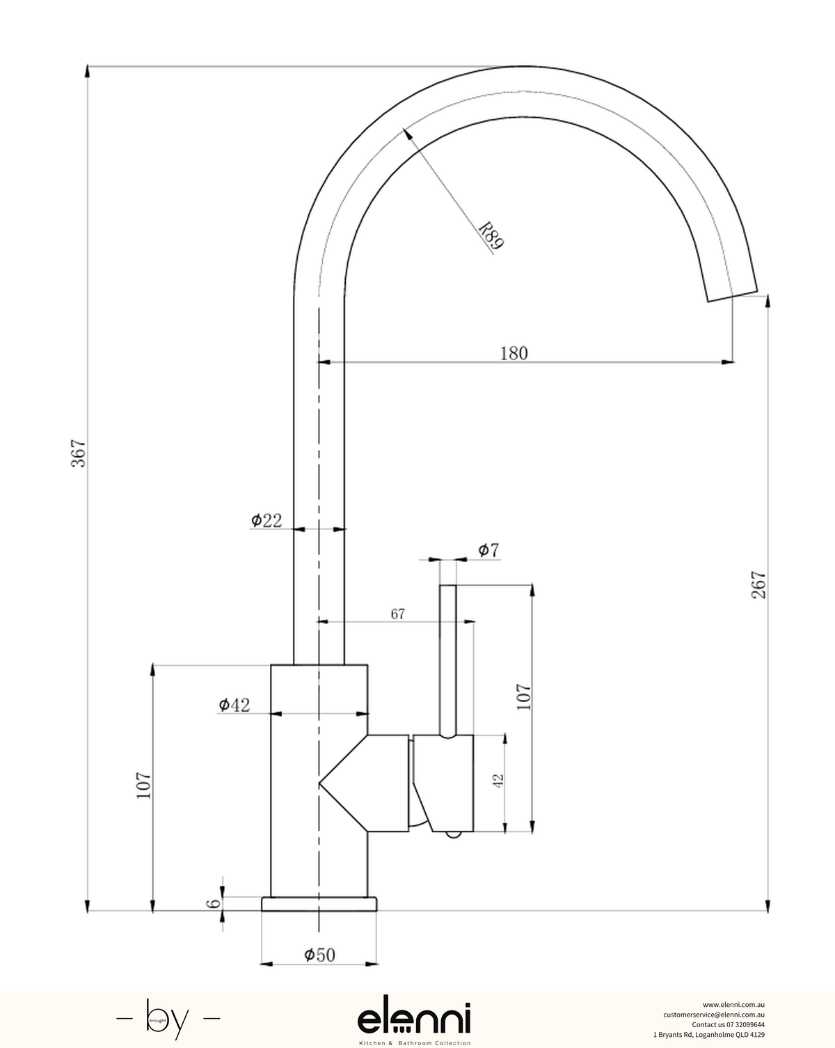 Otus Slimline Sink Mixer Gooseneck - Elenni specification drawing