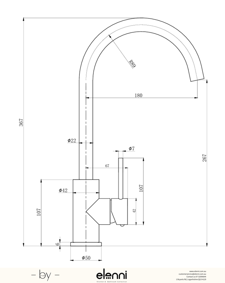 Otus Slimline Sink Mixer Gooseneck - Elenni specification drawing