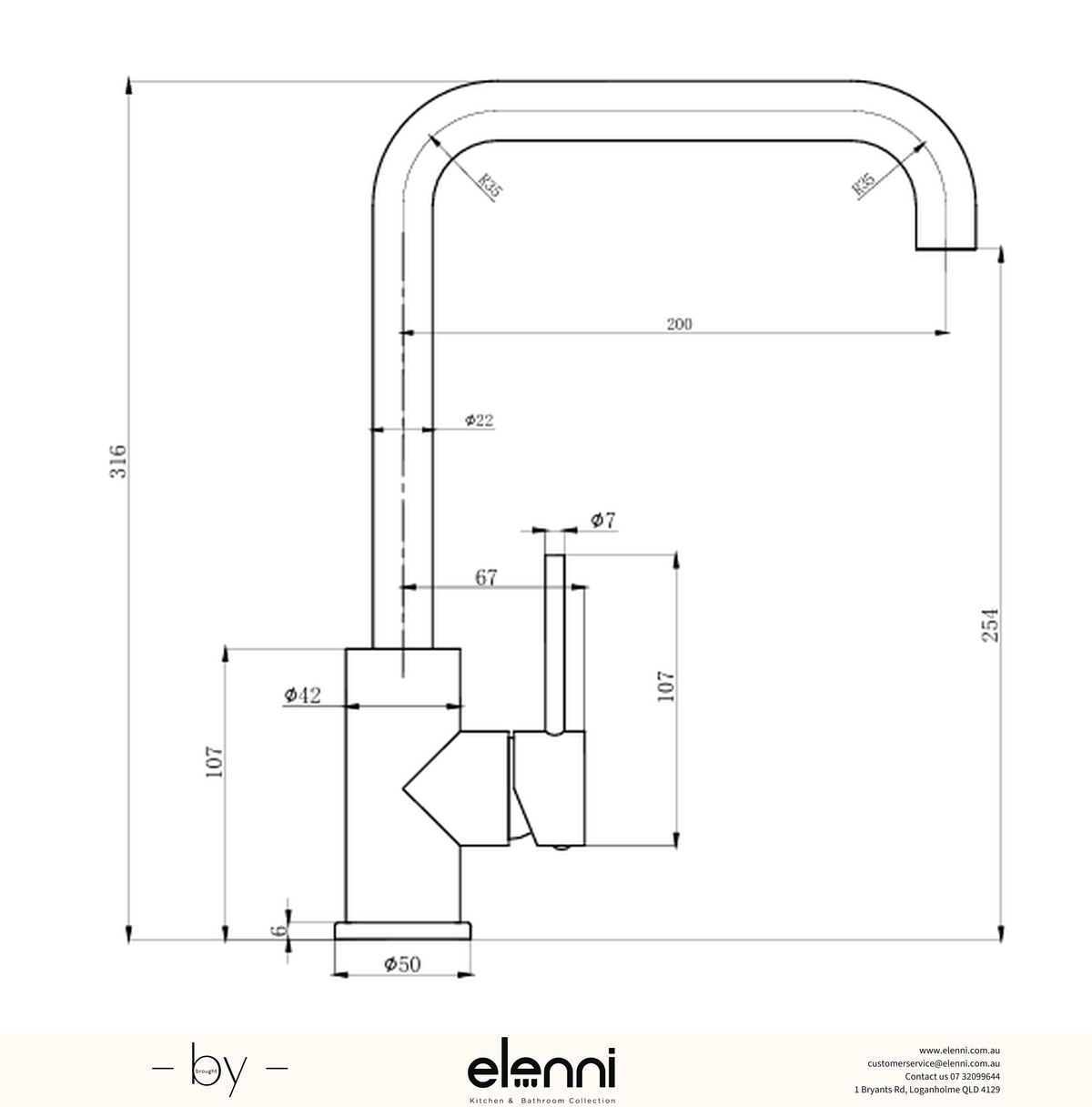 Otus Slimline Sink Mixer Squareneck - Elenni specification drawing