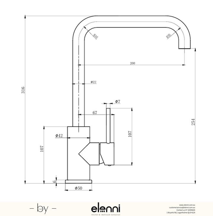 Otus Slimline Sink Mixer Squareneck - Elenni specification drawing