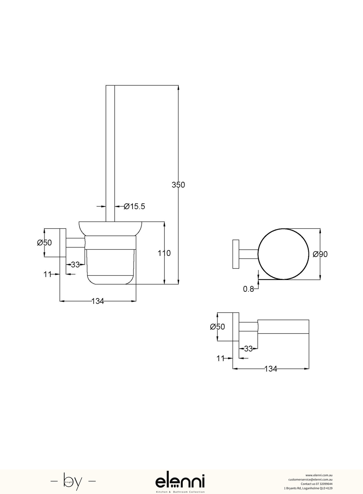 Otus Slimline Toilet Brush Set - Elenni specification drawing