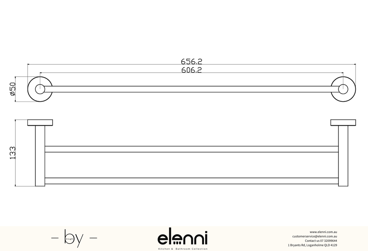 Otus Slimline Towel Rail Double 600mm - Elenni specification drawing