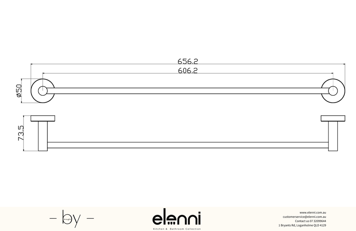 Otus Slimline Towel Rail Single 600mm - Elenni specification drawing