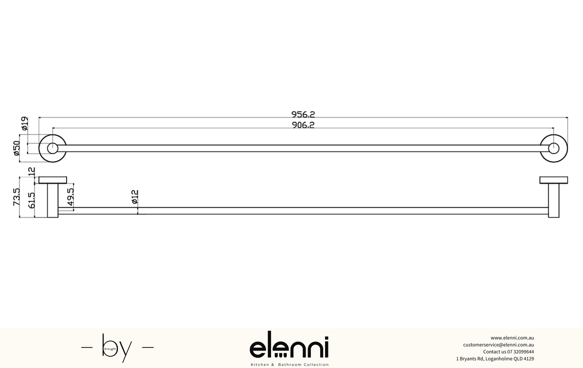 Otus Slimline Towel Rail Single 900mm - Elenni specification drawing