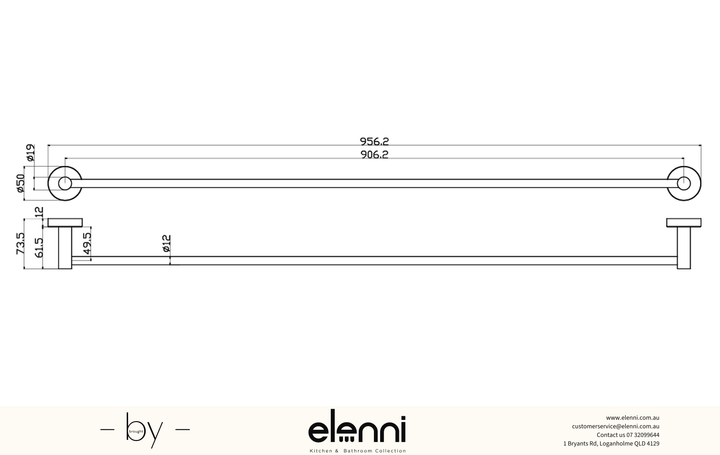 Otus Slimline Towel Rail Single 900mm - Elenni specification drawing