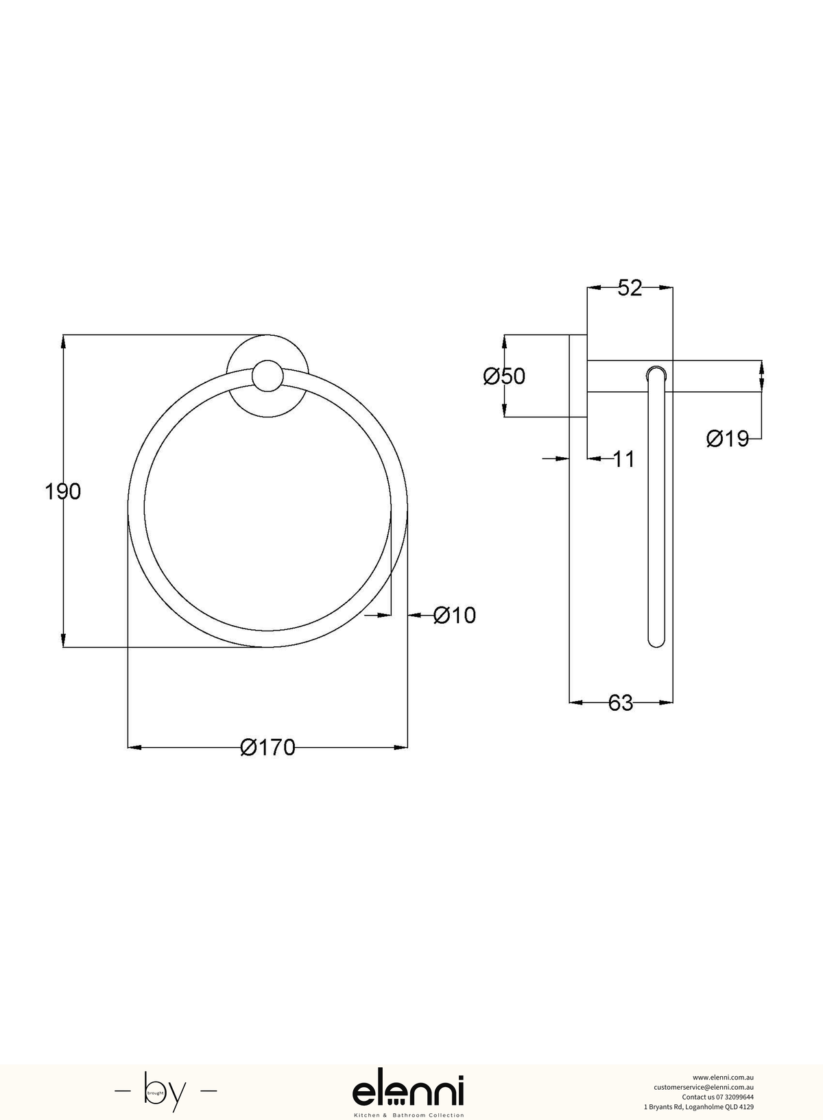 Otus Slimline Towel Ring - Elenni specification drawing