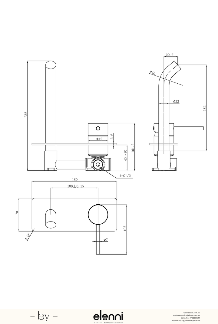 Otus Slimline Wall Basin Mixer Body - Elenni specification drawing