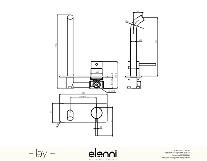 Otus Slimline Wall Basin Mixer Trim Kit 220mm Spout - Elenni specification drawing