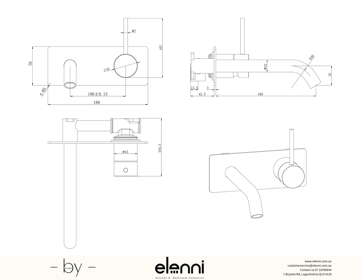 Otus Slimline Wall Basin Mixer Trim Kit Lever Up - Elenni specification drawing