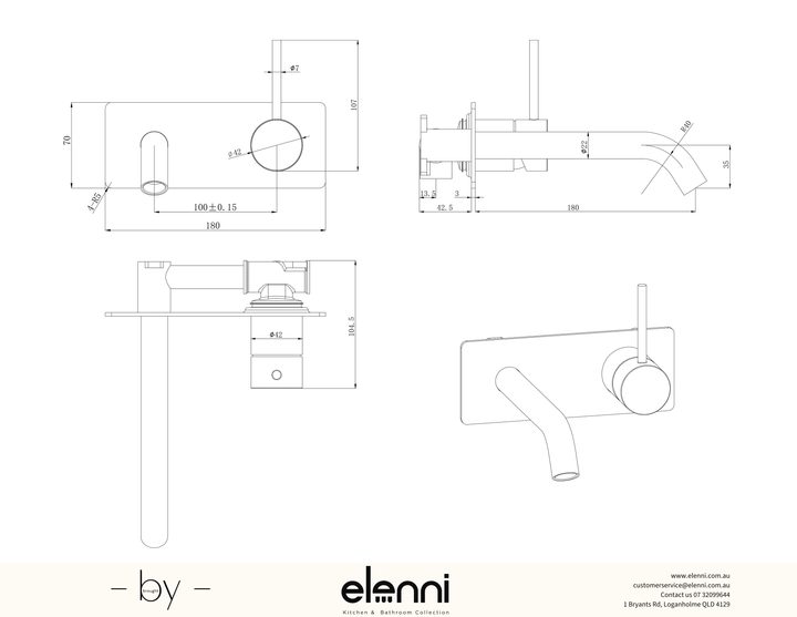 Otus Slimline Wall Basin Mixer Trim Kit Lever Up - Elenni specification drawing