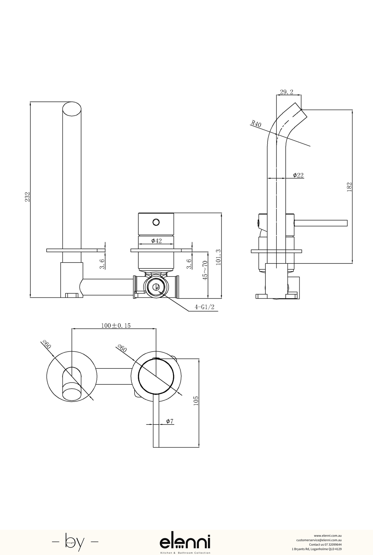 Otus Slimline Wall Basin Mixer Trim Kit with Separate Cover Plate - Elenni specification drawing