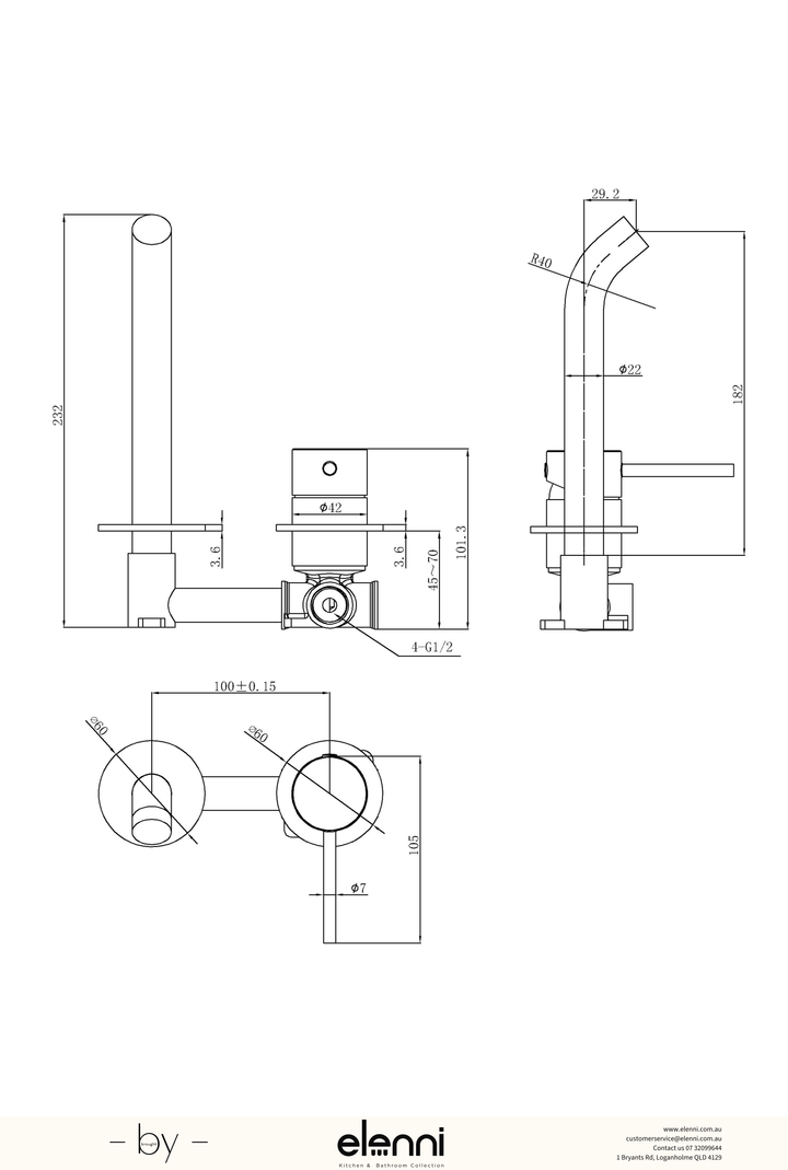 Otus Slimline Wall Basin Mixer Trim Kit with Separate Cover Plate - Elenni specification drawing