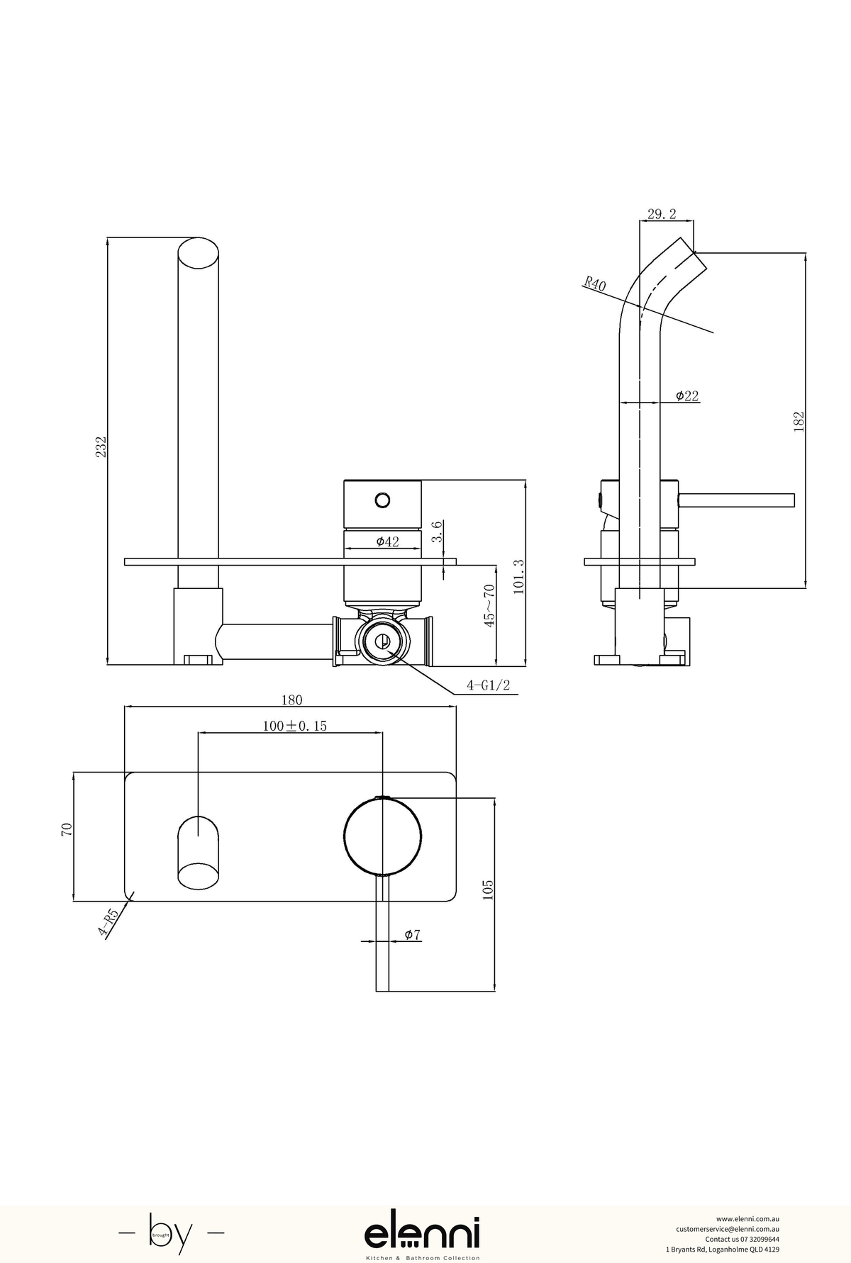 Otus Slimline Wall Basin Mixer Trim Kit - Elenni specification drawing