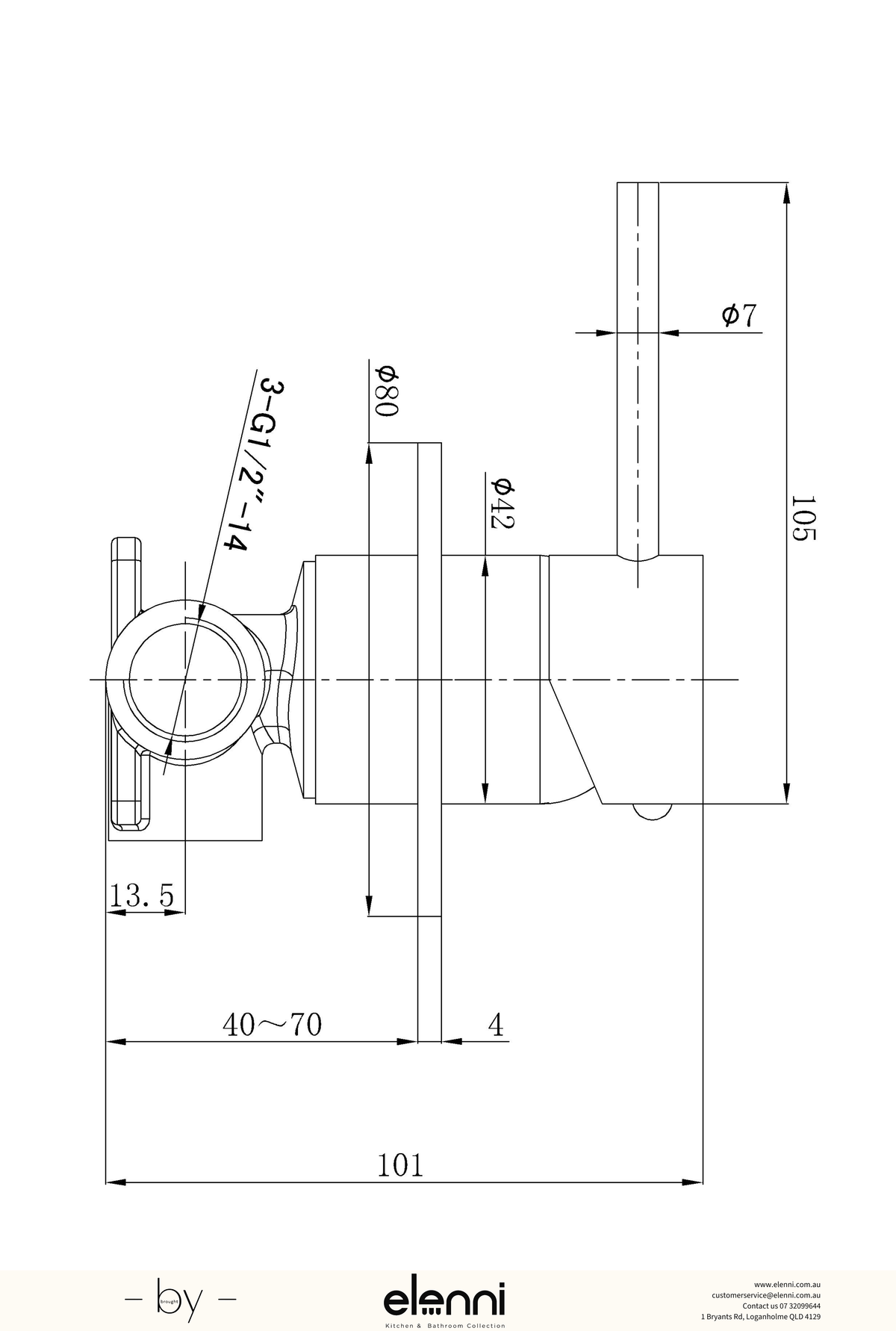 Otus Slimline Wall Mixer Body - Elenni specification drawing