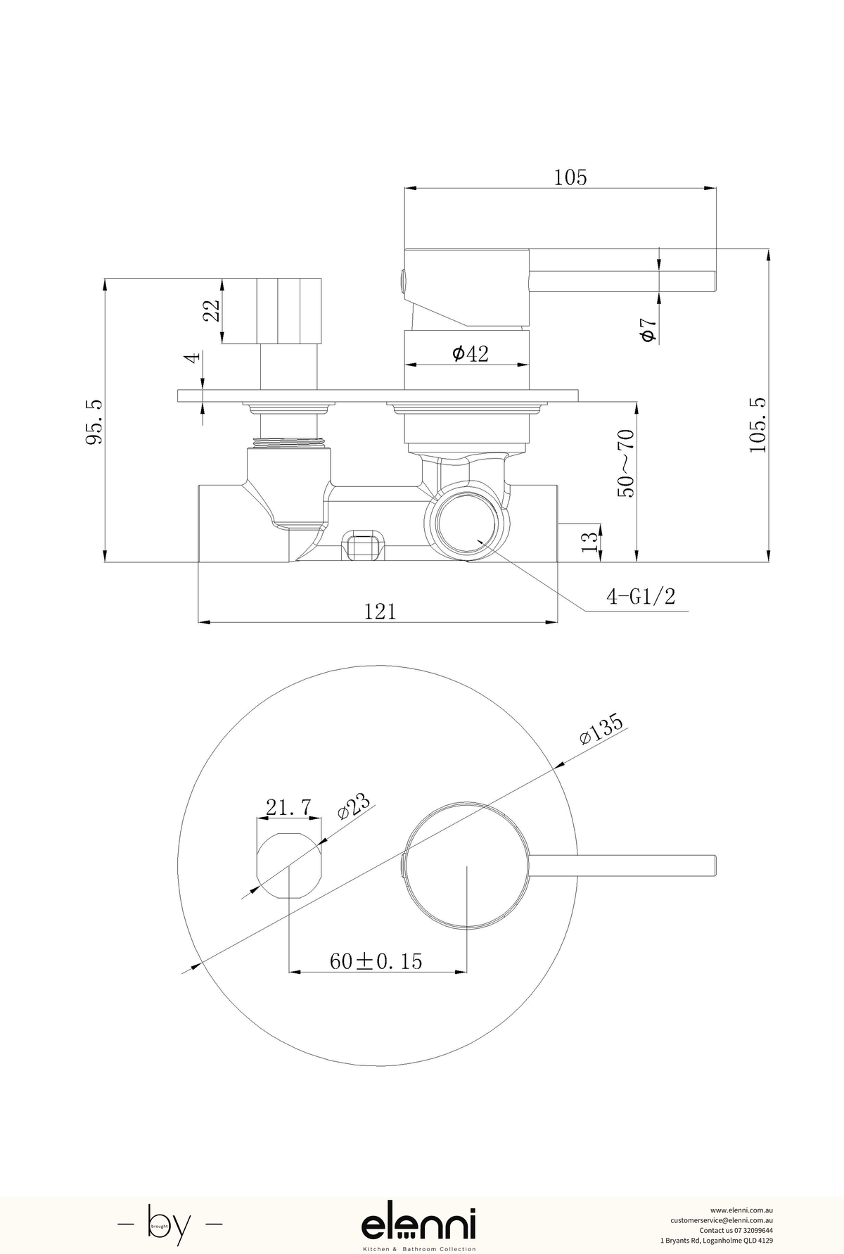 Otus Slimline Wall Mixer Diverter Body - Elenni specification drawing