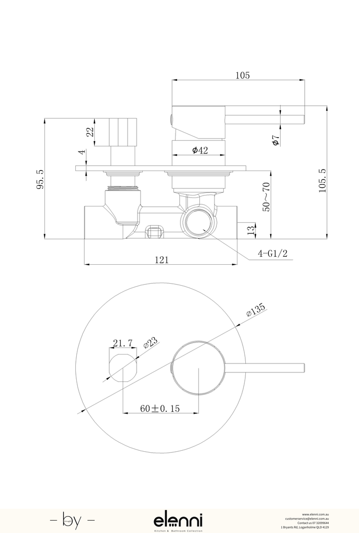Otus Slimline Wall Mixer Diverter Trim Kit - Elenni specification drawing