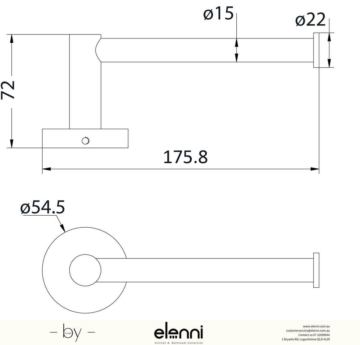 Otus Toilet Roll Holder Open Arm - Elenni specification drawing