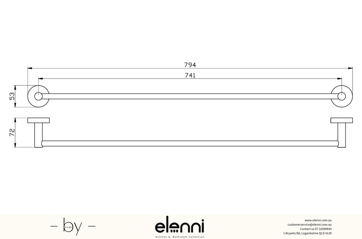 Otus Towel Rail Single 750mm - Elenni specification drawing
