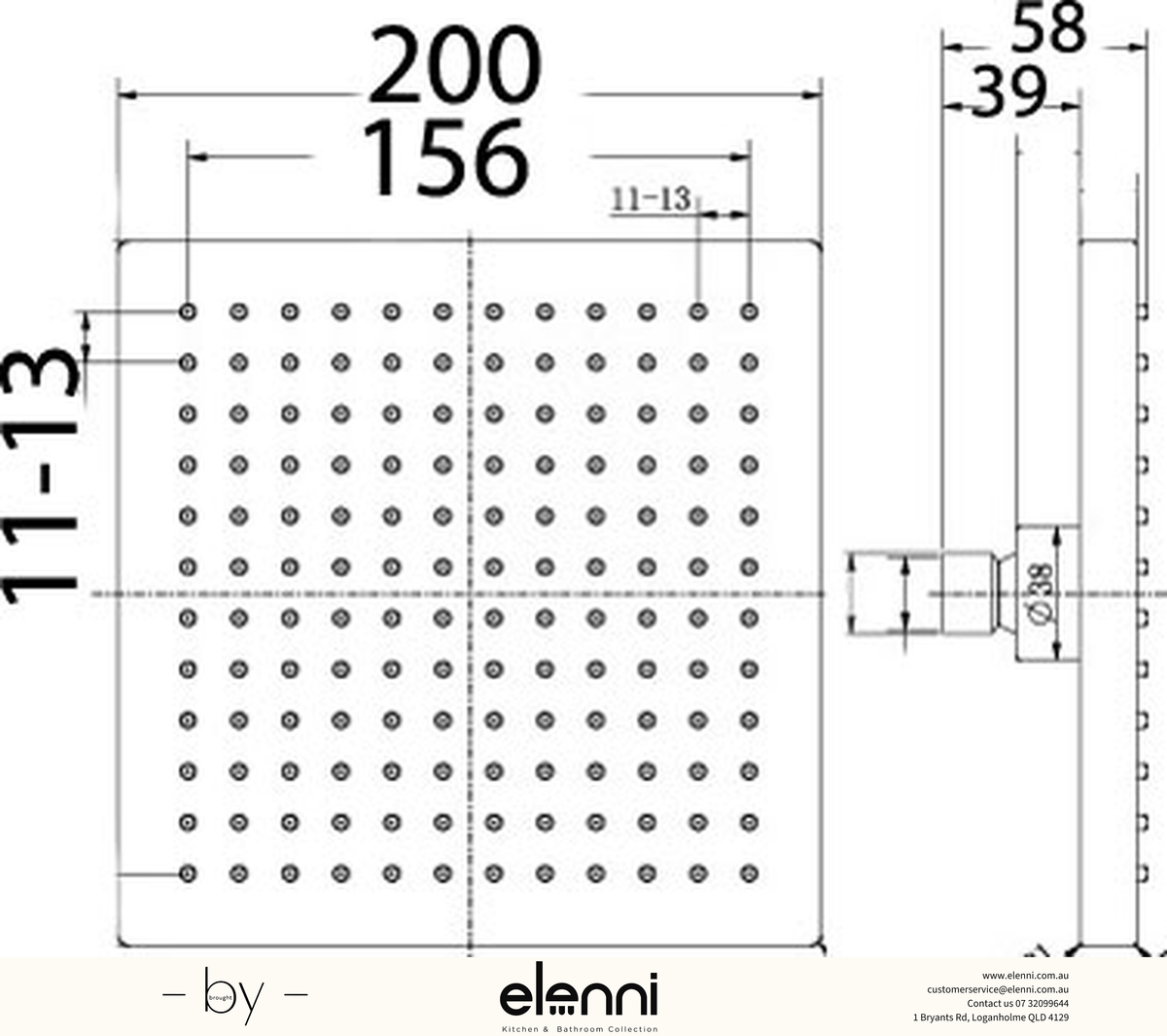 Rosa Shower Head Square 200mm - Elenni specification drawing