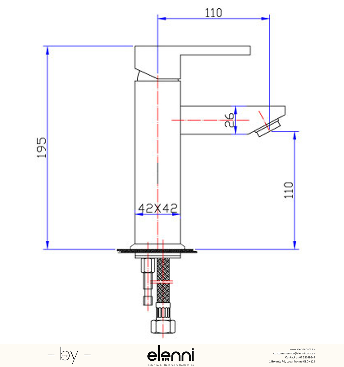 Rosa Square Basin Mixer - Elenni specification drawing