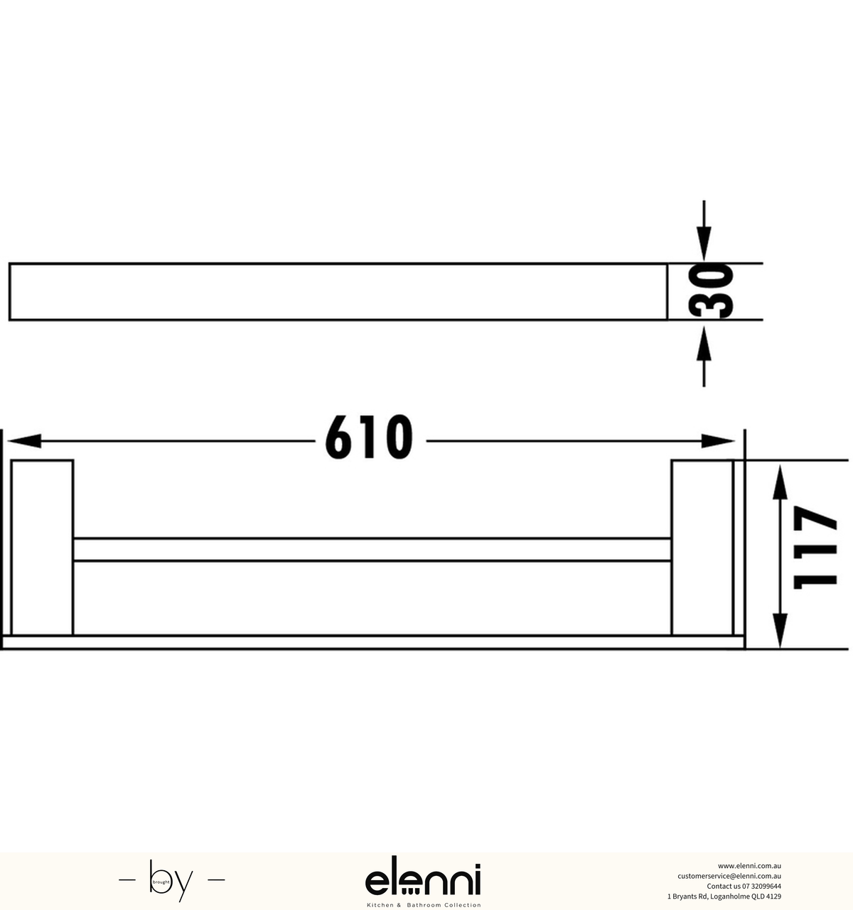Rosa Towel Rail Double 610mm - Elenni specification drawing