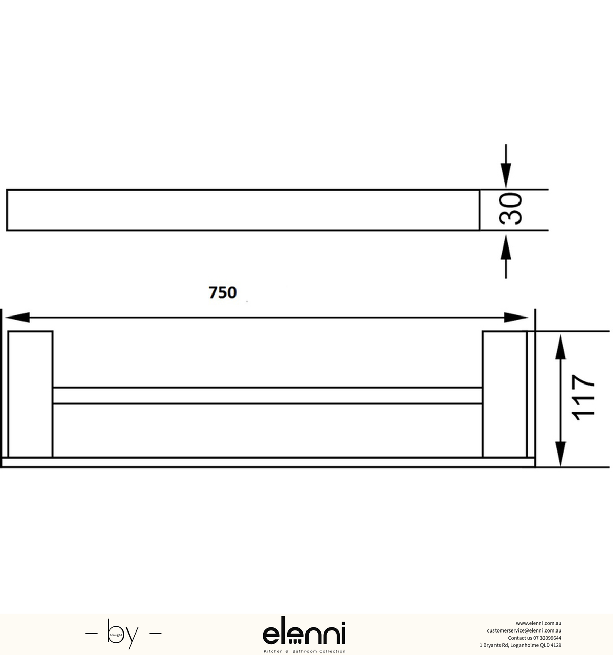 Rosa Towel Rail Double 750mm - Elenni specification drawing