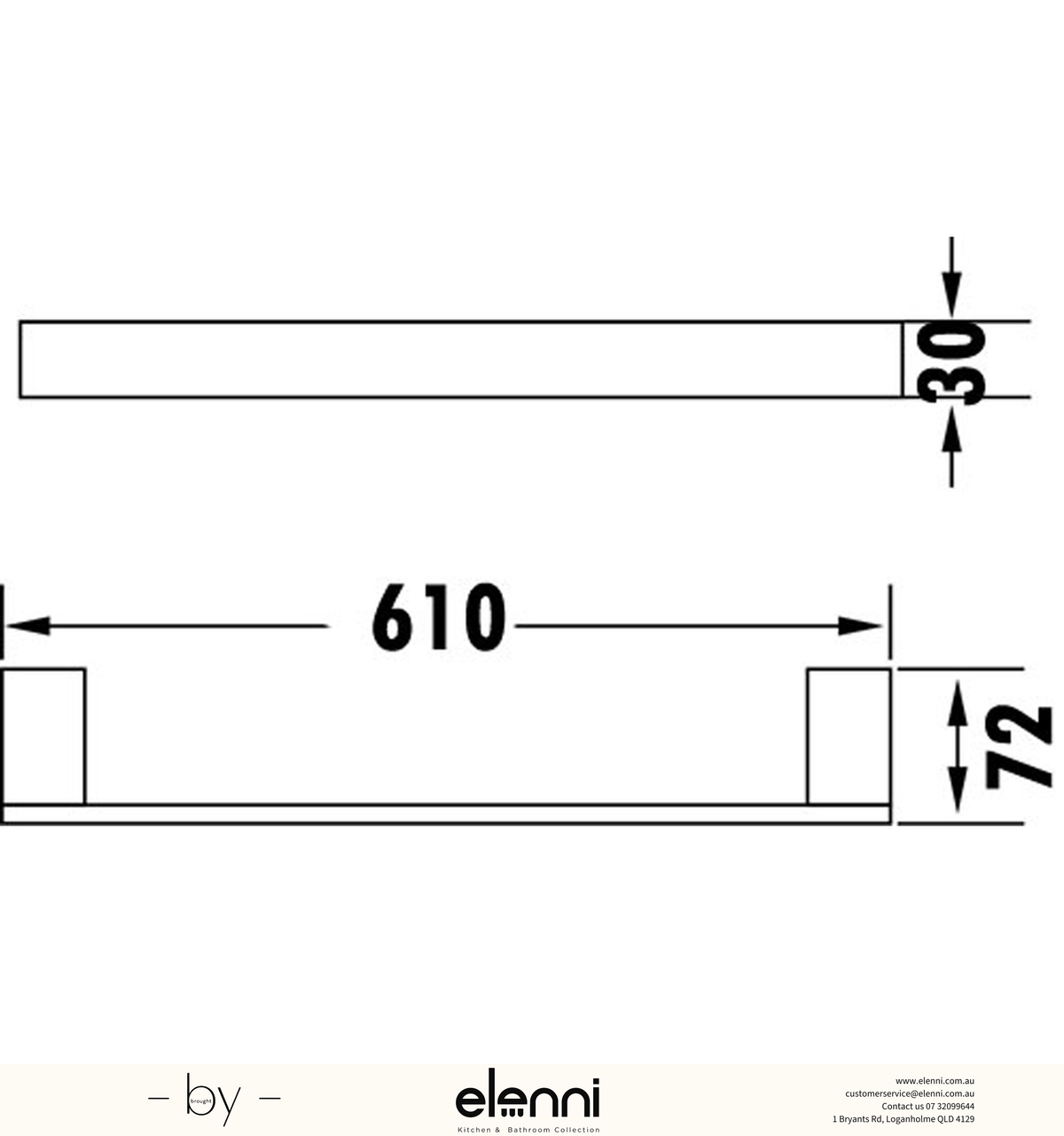 Rosa Towel Rail Single 610mm - Elenni specification drawing