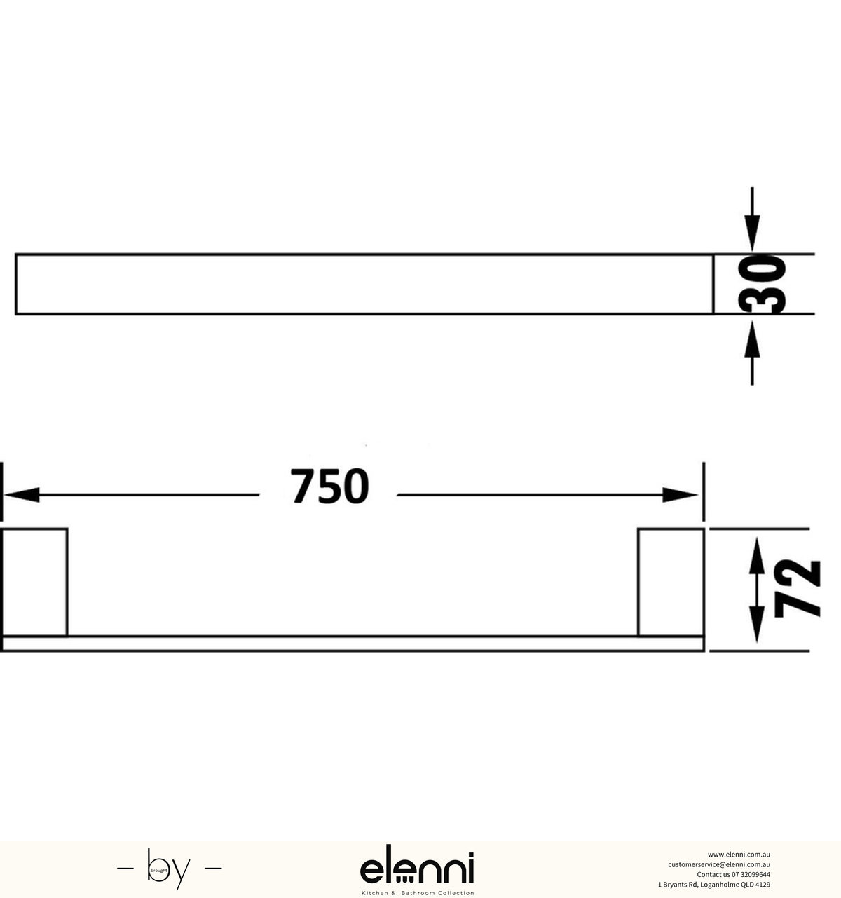 Rosa Towel Rail Single 750mm - Elenni specification drawing