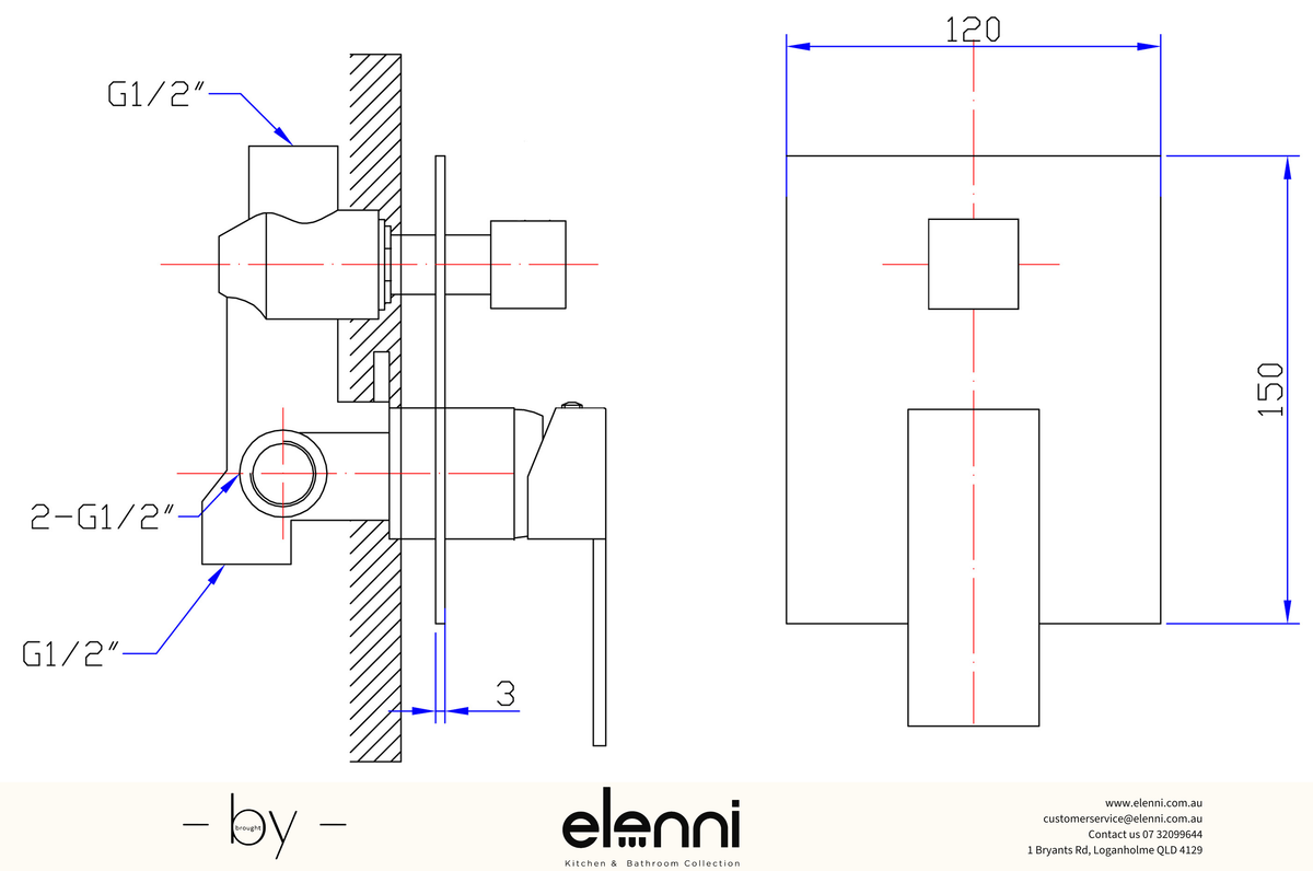 Rosa Wall Mixer Diverter - Elenni specification drawing